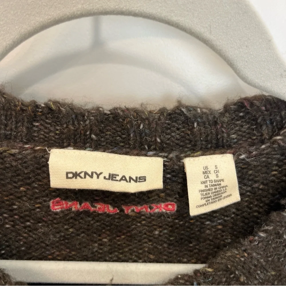DKNY Floral‎ Embellishment Cardigan Sweater Brown Size Small 3/4 Length Sleeve